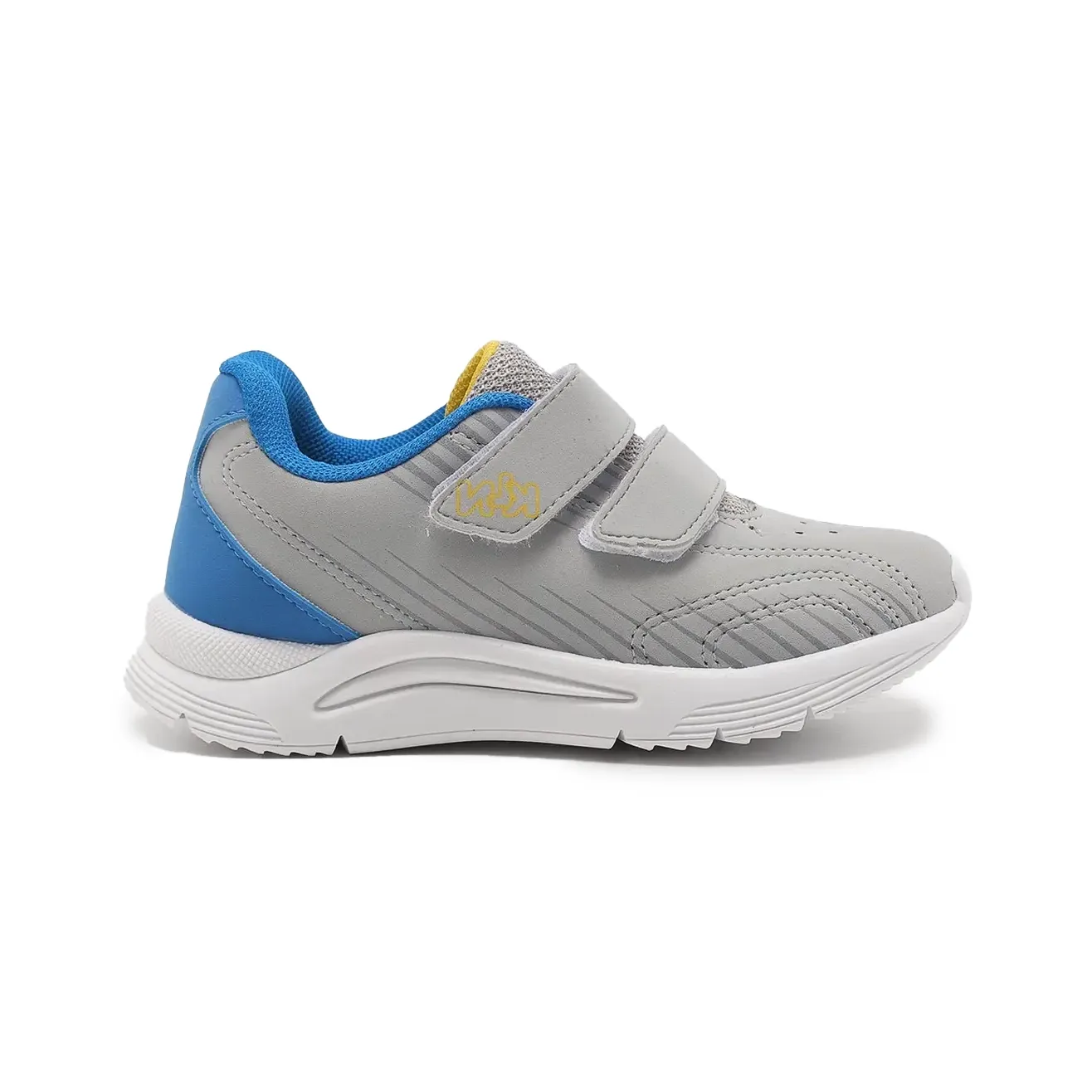Tênis infantil masculino Klin cinza com detalhes em azul e amarelo, fechamento em velcro e solado branco
